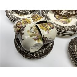 Royal Worcester Palissy Game series dinner and tea wares, comprising six dinner plates, six side plates, six bowls, six cups and saucers, six tea plates, and an additional Palissy plate. 