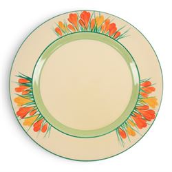 Clarice Cliff Sungleam Crocus pattern plate, together with Crocus pattern preserve jar, both with printed marks beneath, plate D23cm 