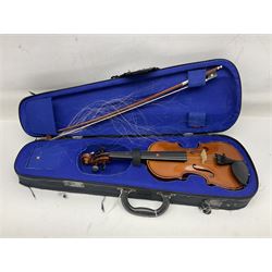 Three Stentor Student violins - three-quarter size with 33cm two-piece back; and two quarter size each with 28cm two-piece back; each in carrying case with bow (3)