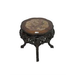 Chinese carved hardwood occasional table, shaped circular top with marble inset and beaded edge, pierced and carved frieze with floral decoration, the cabriole supports united by stretchers