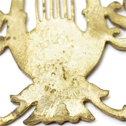 Set of eight brass cabinet door plates formed as lyres marked 'H.V' 9.5cm x 12cm, seven brass cabinet door handles of leaf design, various other handles, boss and a two branch wall light 
Provenance: property of a Nobleman