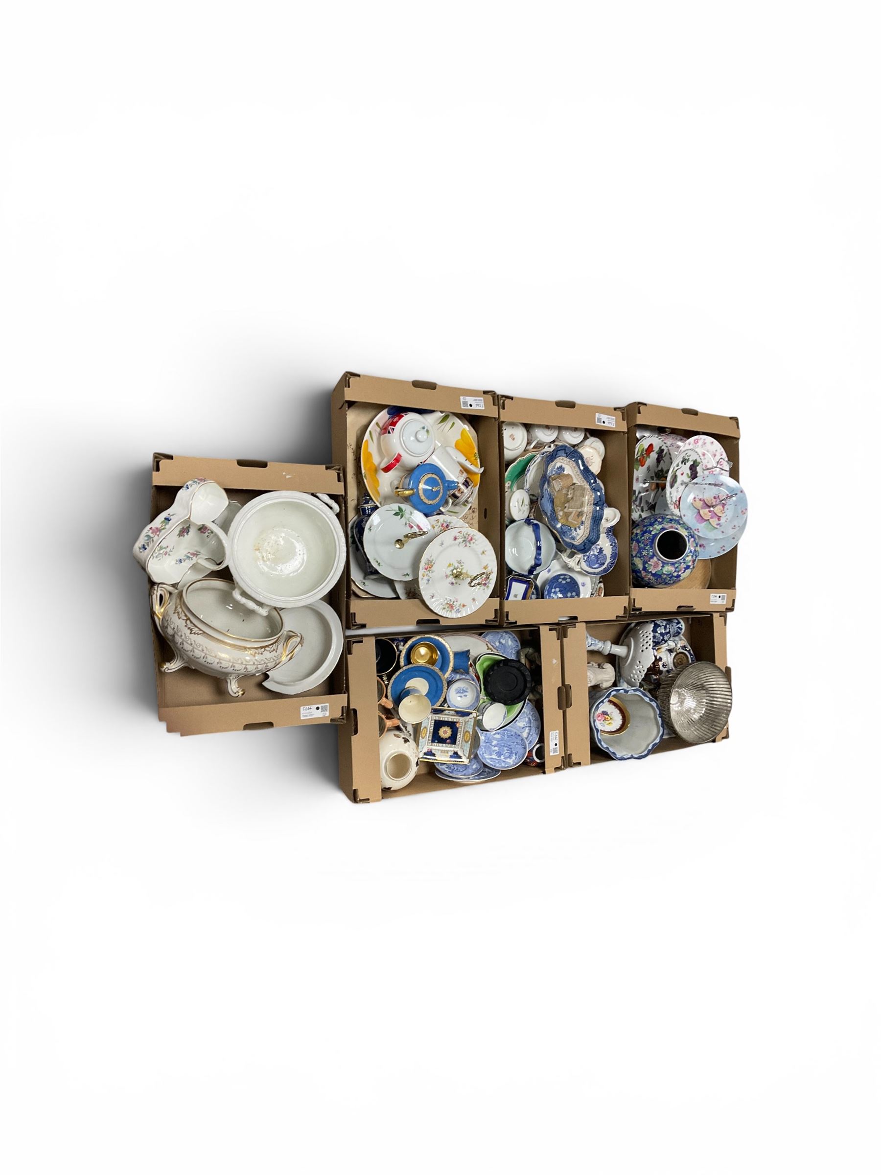 Large collection of ceramics, including Crown Devon tea set, Royal Worcester trinket dish, cake stands etc in six boxes 