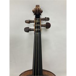 19th century full sized violin in a later hard case, decorative mother of pearl inlay to the tail piece Overall length 60cm No bow