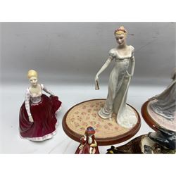 Nine Beswick bird figures, with stand, together with USSR thrush, two Franklin Mint Jane Austin figures and four Royal Doulton figures 