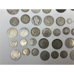 Mostly Great British coins, including George IV 1826 shilling, Queen Victoria 1875 and 1883 one shillings, 1889 crown, Gothic florins etc, King George V 1921, 1922 and 1927 halfcrowns, various silver threepence pieces, cartwheel pennies etc