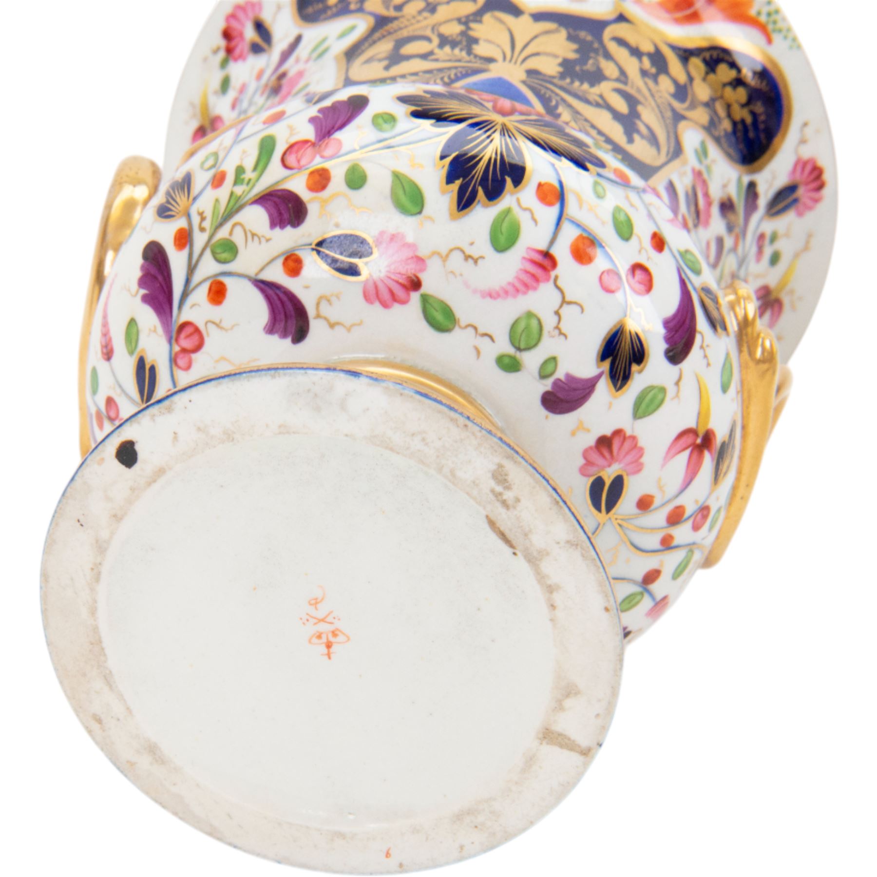 Derby twin handled campagna urn, decorated with flowers and cobalt panels highlighted in gilt, together with a smaller example with similar decoration, tallest H20cm