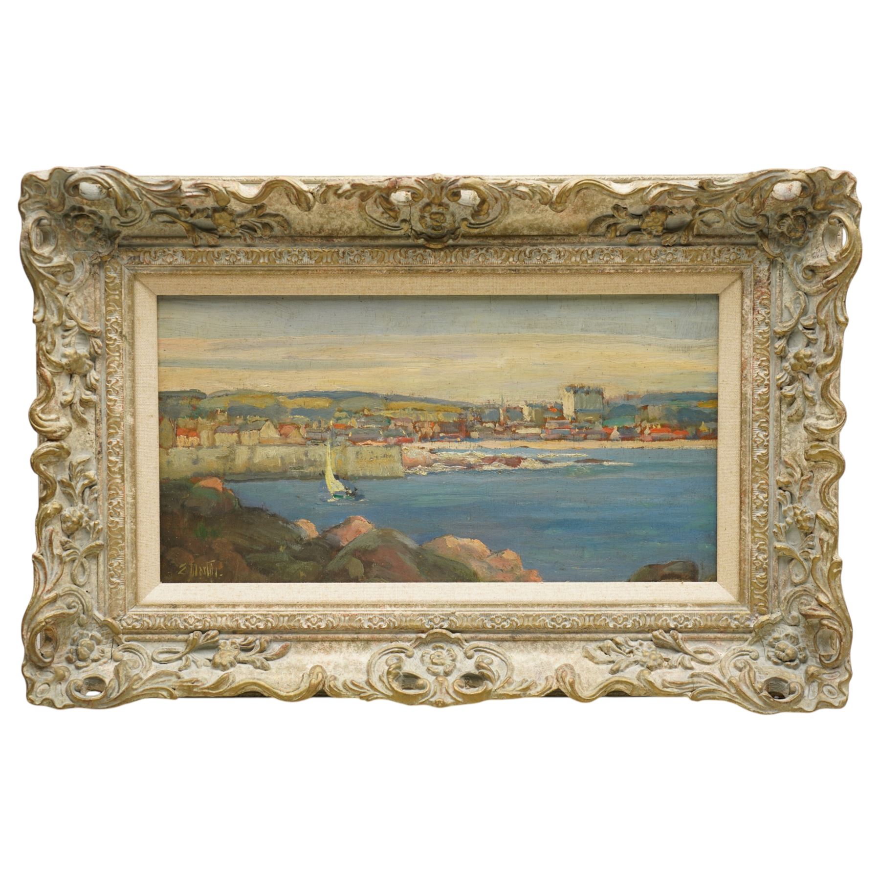 E Martin (Continental Mid-20th century): Sailing Boat by Mediterranean Harbour, oil on board signed 19cm x 37cm 