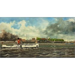 Richard Pearson (British 20th Century): Tattershall Castle Ferry on the Humber, oil on canvas signed with monogram dated 1971, 49cm x 88cm
