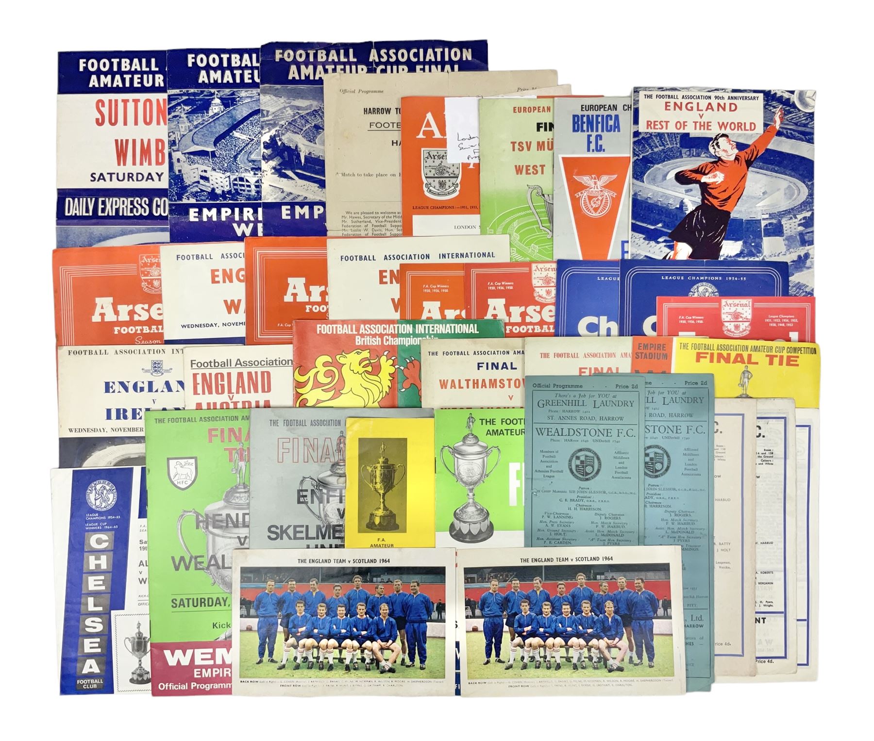 Football programmes - thirteen various England and England Youth matches 1953-77; European Cup Winners Cup Final May 19th 1965 TSV Munchen 1860 v West Ham; European Champions Club Cup Final May 29th 1968 Benfica (1) v Manchester United (4), the famous Bobby Charlton final; seven Wealdstone F.C. 1950-66 including London Senior Charity Cup Final May 10th 1952; Harrow Town Football Challenge Cup April 14th 1948; and eight F.A. Amateur Cup Finals and Semi-Finals plus three song sheets 1956-68 (34)