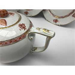 Herend Chinese Bouquet Rose pattern tea service comprising teapot, coffee pot, open sucrier, six cups and saucers, six tea plates, cream jug and stand, milk jug, two teabag holders, preserve pot, two leaf shaped dishes, four egg cups, salt & pepper pots, pair side plates and another plate