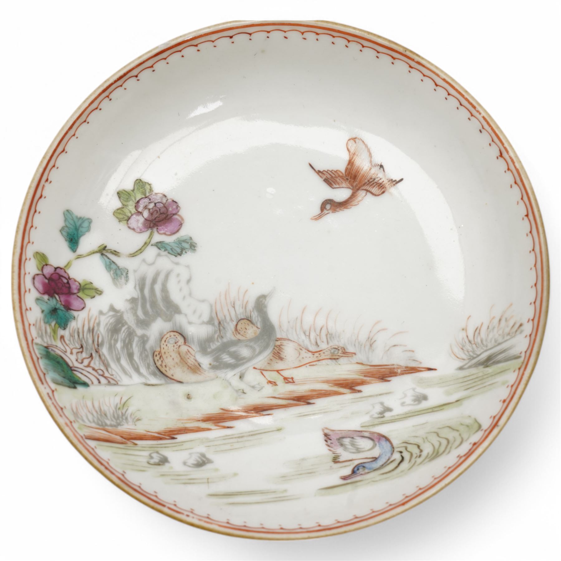 Small 18th century Chinese tea bowl and saucer decorated with ducks in flight and on a river bank, early 19th century Chinese tea pot decorated with landscapes, three small bowls and other Chinese items