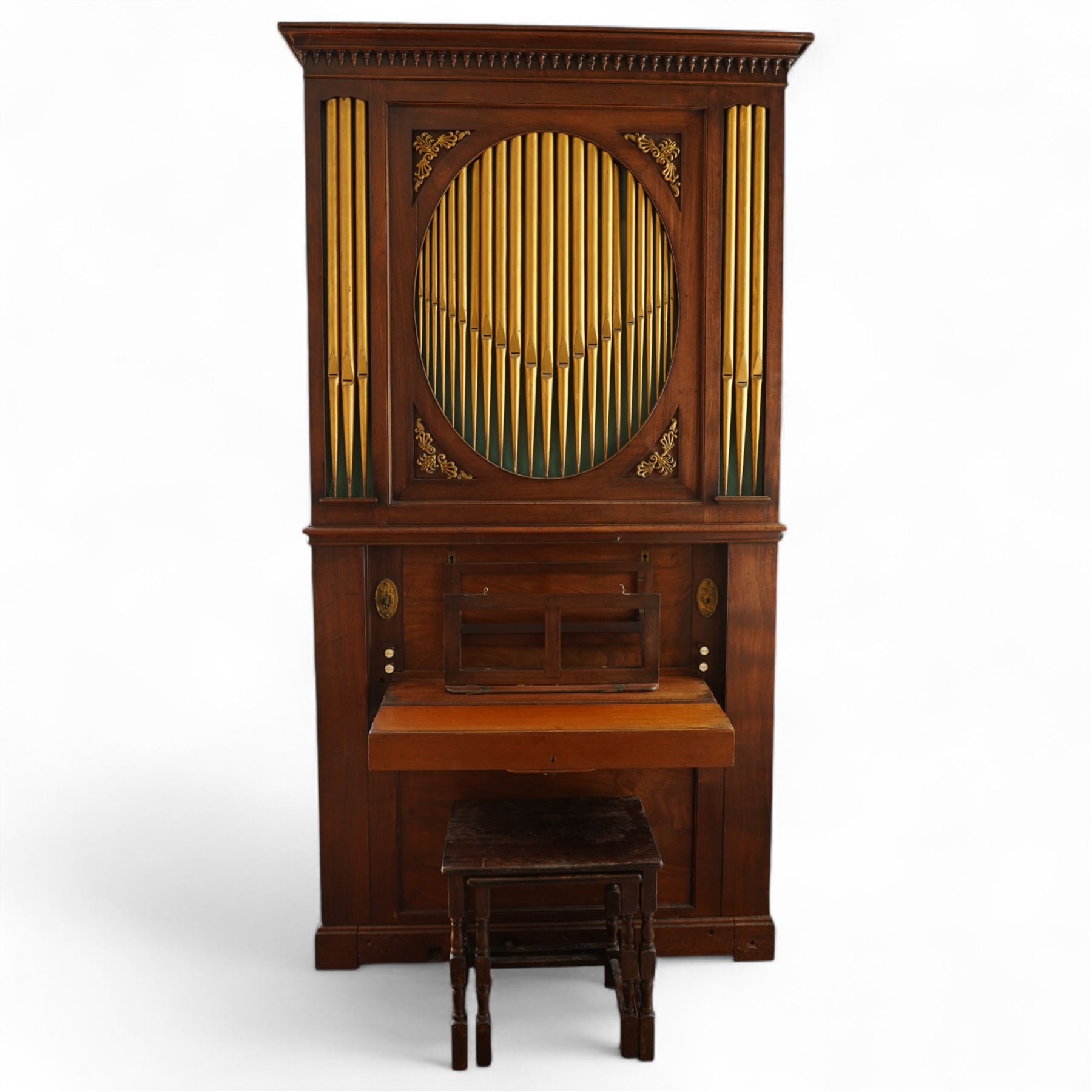 Late 18th century Chamber Organ by Thomas Elliot of London 1790.
Single manual organ, four octave keyboard with 54 keys C-f3, A=448, with Ivory naturals and ebonized sharps, makers’ name engraved on an ivory cartouche, detachable key cover, and music desk (in need of attention). With four speaking stops. Stopped Diapason, Open diapason, Principal and Fifteenth. Crank/pedal operated single rise bellows also provided with an electric blower. Original case with display pipes and candle sconces (one damaged). All pipework present: however there are some damaged pipes, cyphers, and several pipes require re-location in the soundboard, the instrument plays, but some parts of the action and blower will require attention/repair and adjustment.

Given the intricate nature of these historic instruments, specialist support will be available if required – including a professional organ builder prepared to undertake full dismantling and reassembly – to assist successful buyers with safe removal and onward handling. Price upon application.


This item has been registered for sale under section 10 of the APHA Ivory Act Reference EH8B3YPL