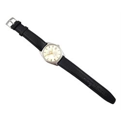 Omega Geneve automatic stainless steel wristwatch, with date aperture, on Omega black leather strap, with purchase certificate and guarantee dated 1971