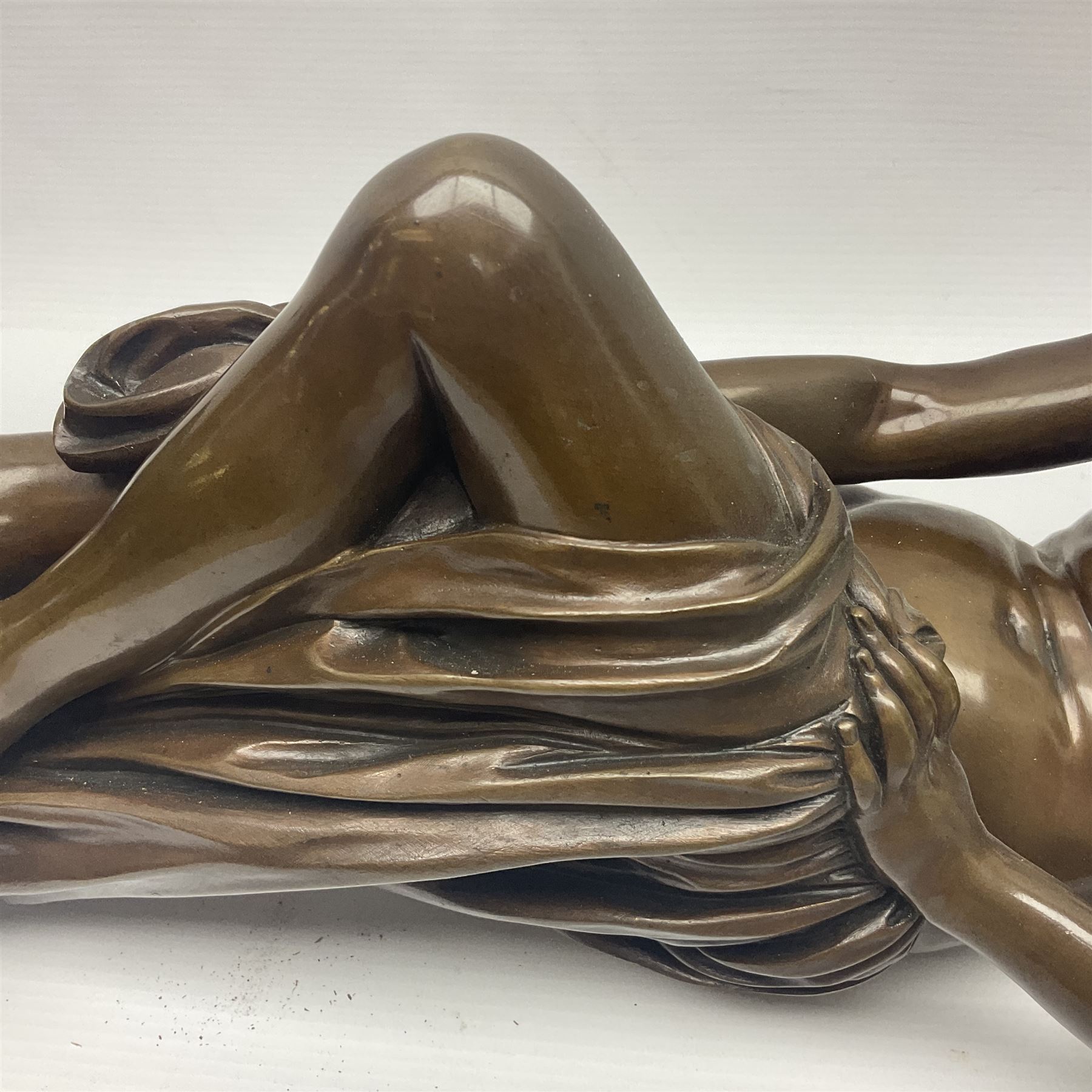 After Christopher Gabriel Allegrain (1710-1795),  Venus au bain, bronze, upon square plinth, Impressed F Barbedienne Fondeur, the base impressed C G Allegrain Fecit 1767, and bearing Barbedienne foundry seal, overall H51cm