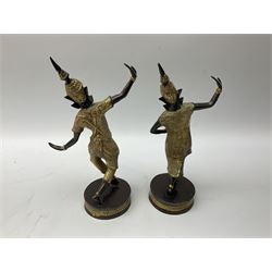 Pair of bronze gilt Thai Teppanom temple guard statues, raised upon circular bases, H30cm 
  