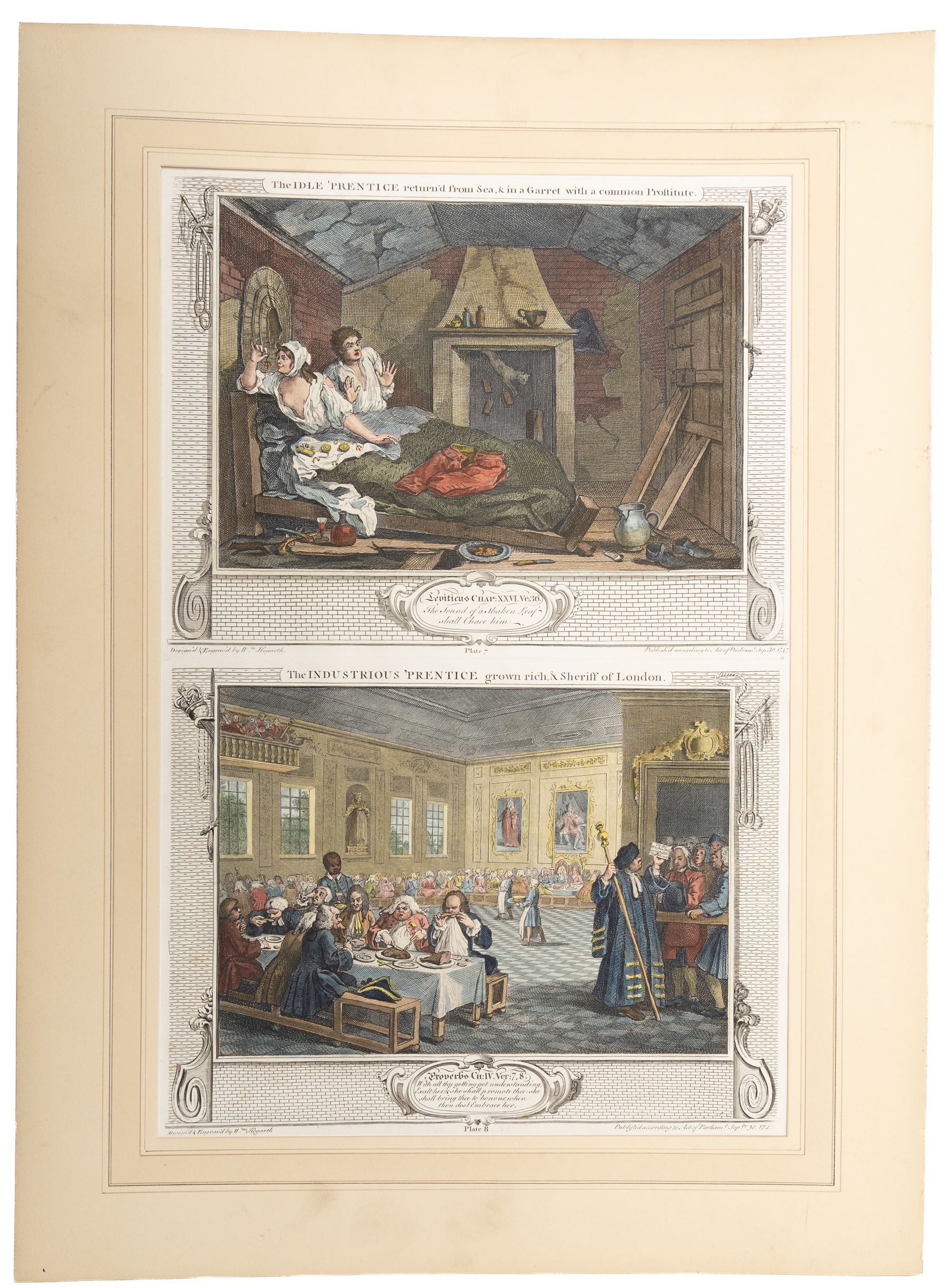 After William Hogarth (British 1697-1764): 'Industry and Idleness' series, complete set of twelve hand-coloured etchings individually titled and dated on the plate 1747, max 53cm x 35cm (7) (unframed)