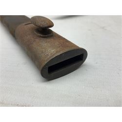 British No 7 MKI knife bayonet with 20cm single edged fullered clipped point blade;  blackened steel, large muzzle ring cross-guard; blackened swivelling pommel marked 'F5H'; red Tufnol composite grips; in blackened steel scabbard L33cm overall; British Pattern 1888 bayonet with scabbard; and German Ersatz bayonet with scabbard (3)