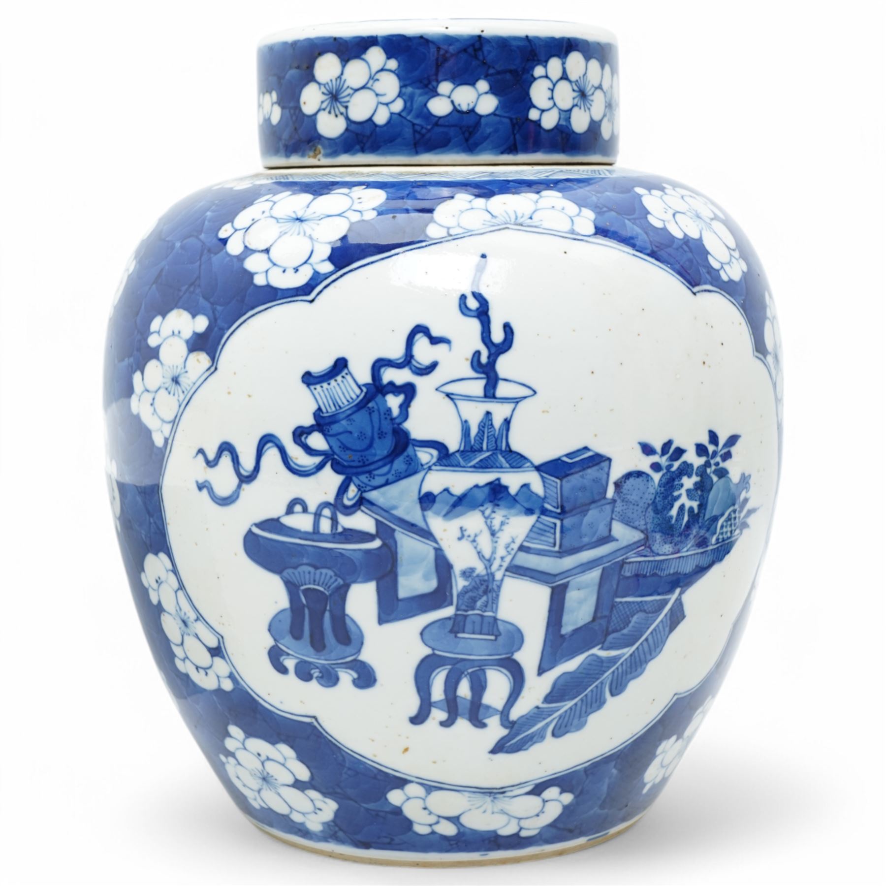 Chinese Qing dynasty blue and white ginger jar, decorated with Qilin and scholar motif panels within a floral border, H24cm 