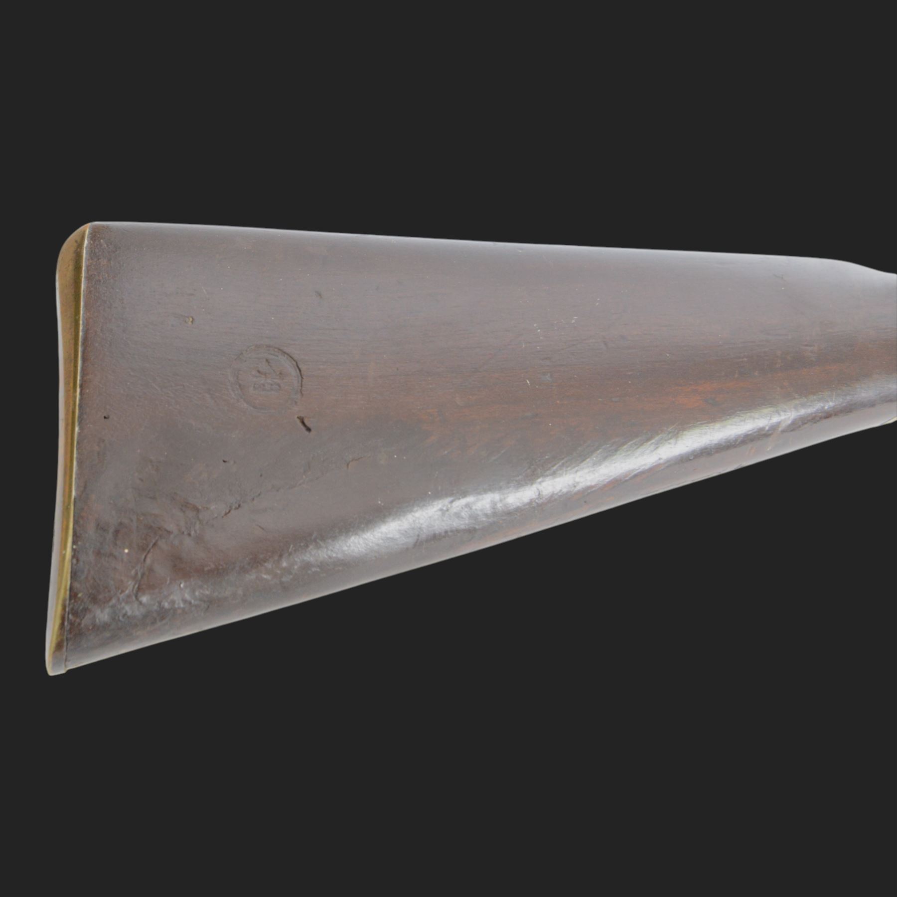 19th century muzzle loading British Naval percussion musket, the 39inch barrel with ramrod beneath, lock marked 1858, stock stamped with brass butt plate, overall L140cm  