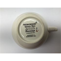 Wedgwood Queens Ware tea and dinner wares in Provence pattern, including ten cups and saucers, milk jug, butter dish with cover, ten dinner plates, ten bowls and ten side plates etc (71), together with Royal Doulton tea wares in Canton pattern, comprising six cups and saucers, milk jug, open sucrier and six dessert plates.    