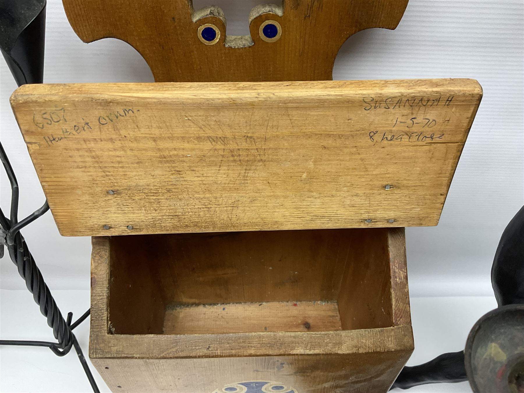 Wooden candle box, together with two barley twist candlesticks, carved duck and other collectables 