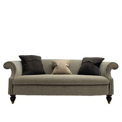 Tetrad - 'Bowmore' traditional shaped two seat sofa upholstered in 'Harris Tweed' wool fabric with leather piping, together with scatter cushions, on turned and lobed feet