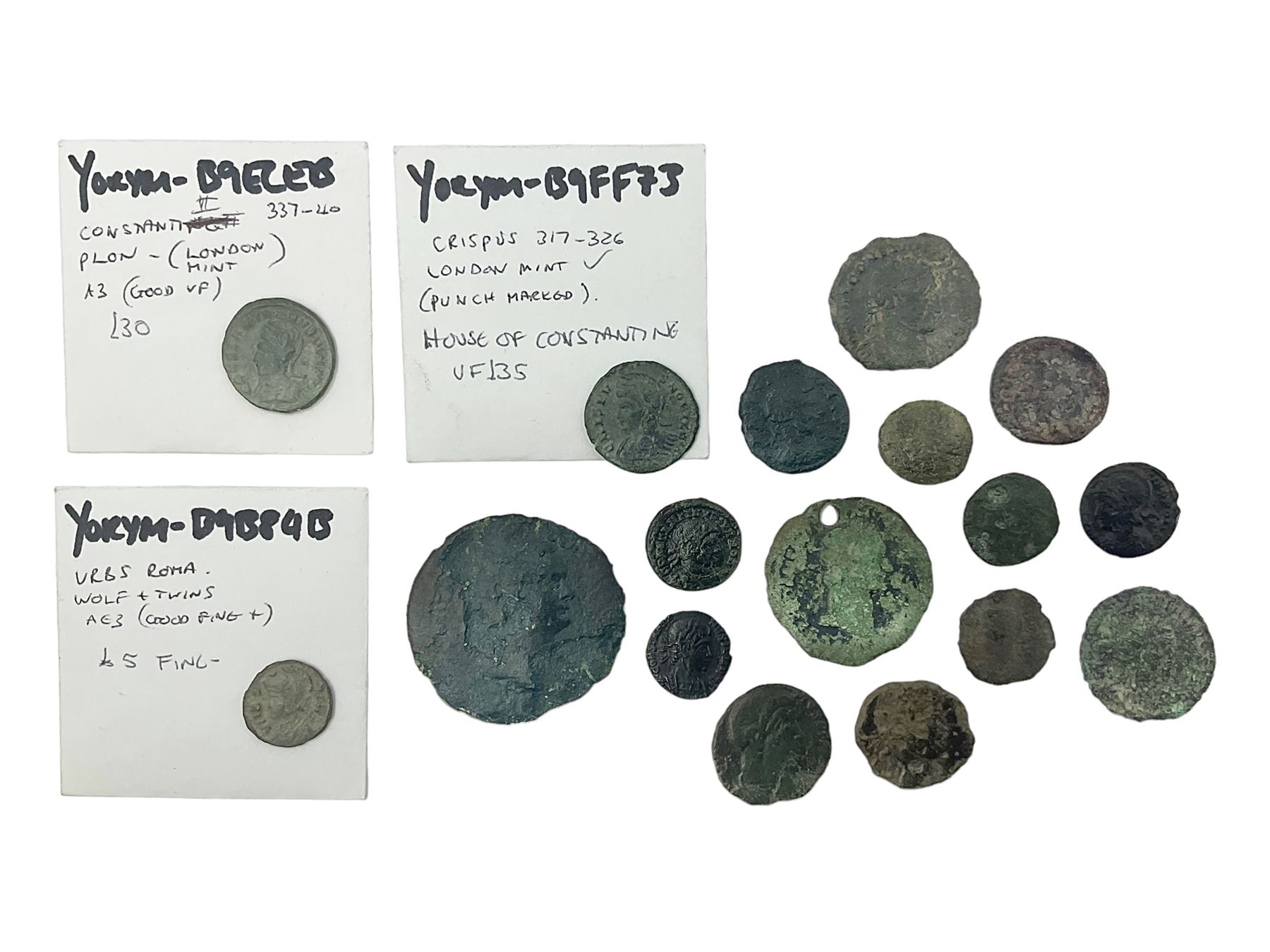 Three House of Constantine bronze coins to include Constantine the Great URBS ROMA; Crispus (AD 317-326) and Constantine II (AD 337-340), both PLON London mint, with small group of Roman etc metal detecting find coins (17) 