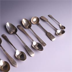 Collection of silver flatware, including pair of George III Fiddle patter table spoons and set of six Edwardian teaspoons with ivy decoration and matching sugar tongs, together with a silver 'Sherry' decanter label