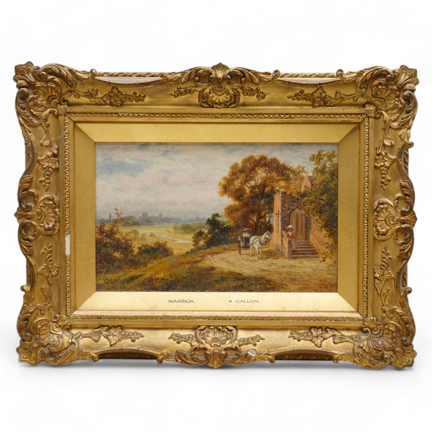 Robert Gallon (British 1845-1925): Horse and Cart by Church - 'Warrick (Warwick)', oil on canvas signed 17cm x 27cm