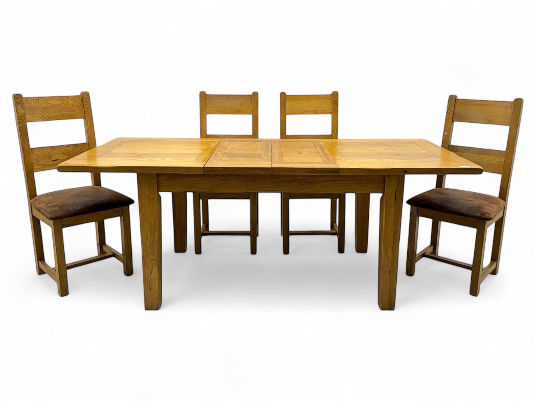 Solid oak extendable dining table and set of four matching chairs, two leaf inserts, with breadboard ends on tapered square supports (Extended length 205cm)