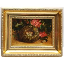 Circle of Vincent Clare (British 1855-1930): Study of a Chaffinch Nest, oil on canvas unsigned 16cm x 24cm                                       