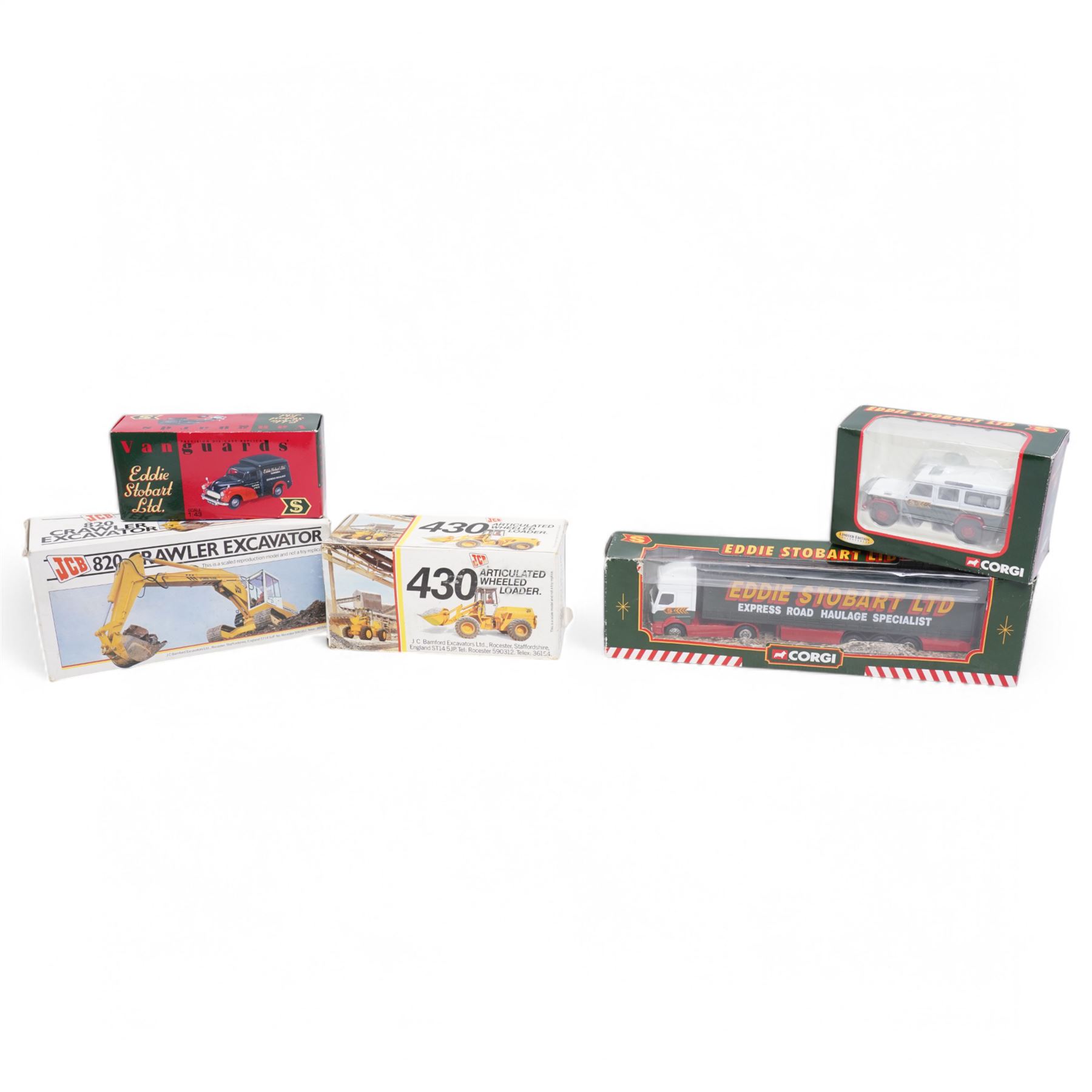 JCB 820 Crawler Exacavator and JCB 430 Articulated Wheeled Loader scaled reproduction models; together with three other diecast model vehicles including Eddie Stobart Land Rover Defender 110 and Morris Minor Van etc (5)