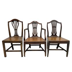 Set of six (5+1) George III country mahogany dining chairs, shaped cresting rail over pierced Hepplewhite design splats, panelled seat over tapered supports united by stretchers