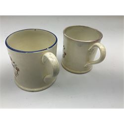  Early Victorian marriage mug for Thomas and Caroline Parkinson dated 11th Sept. 1845 Hull H8cm, similar christening mug for their daughter Hannah Matilda, blue/white transfer printed pot lid with base for Francis Earle, Pharmaceutical Chemist, 22 Market Place, Hull with central study of Holy Trinity Church and clay pipe, the bowl as man's head (4)  