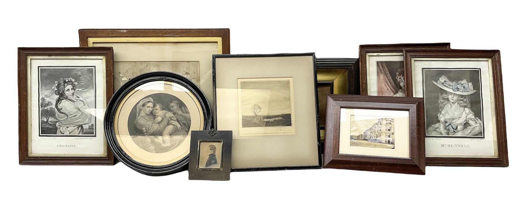 Victorian silhouette; after Josepha Reynolds 'A Bacchante', 19th century print; after John Hoppner pair 19th century colour prints, Frank Paton 'Not at Home', etching signed in pencil, together with etching, engraving and frame (9)