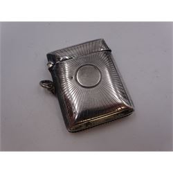 Five Victorian and later silver vesta cases, including Edwardian example with engraved sunburst decoration, hallmarked Abrahall & Bint, Birmingham 1905, and an early 20th century example with engraved foliate decoration and pull-out match compartment, hallmarked Sydney & Co, Birmingham 1910