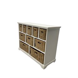 White finish open chest, fitted with ten graduating pigeonholes with basket drawers, on plinth base