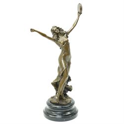 After Cezaro -Bronze figure of a Tambourine Dancer with foundry mark on marble base H45cm