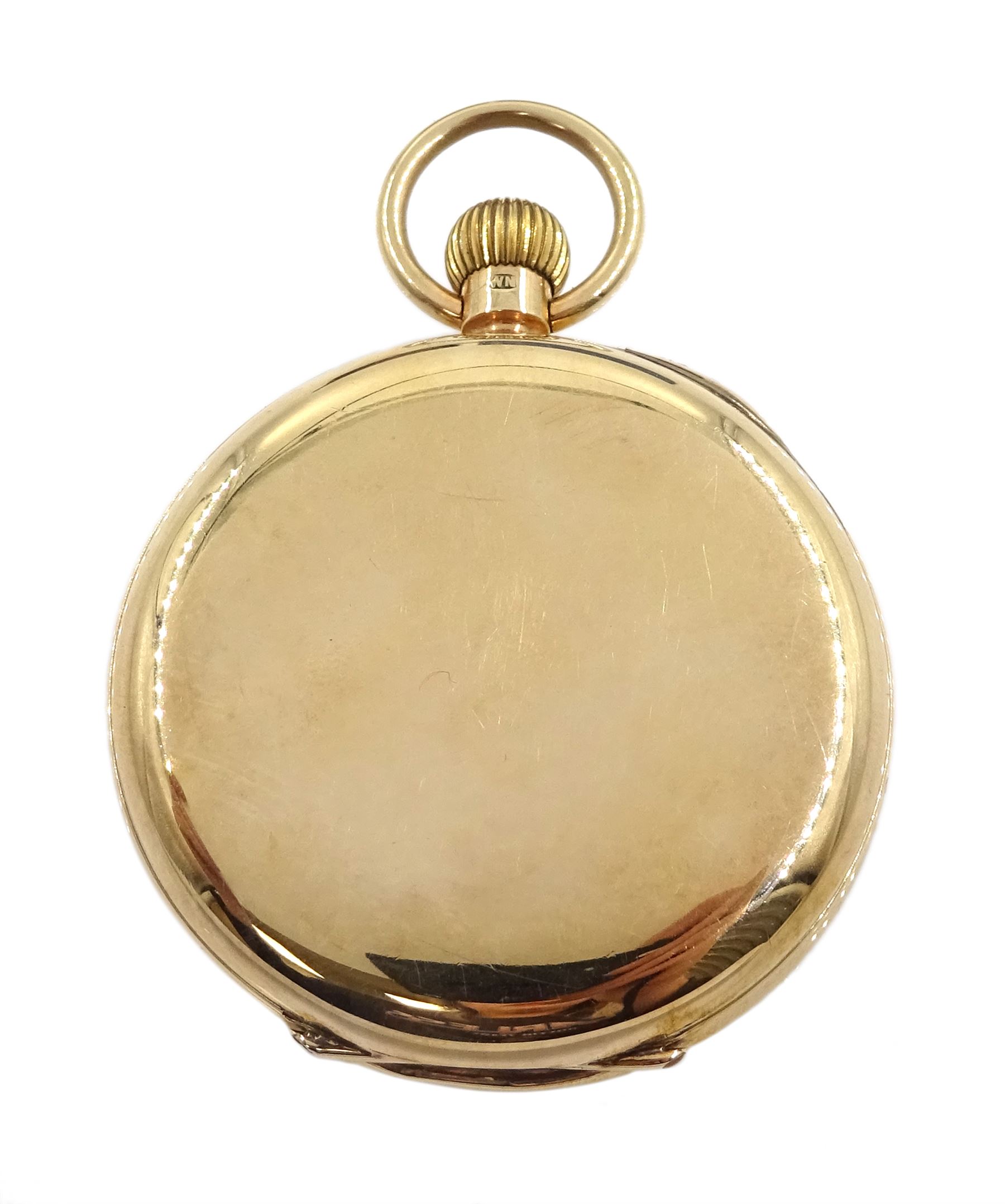 Early 20th century 9ct gold open face keyless lever 'The Bank' pocket watch by J.W.Benson, London, No. 5853, white enamel dial with Roman numerals and subsidiary seconds dial, London 1924, with original box and wooden stand
