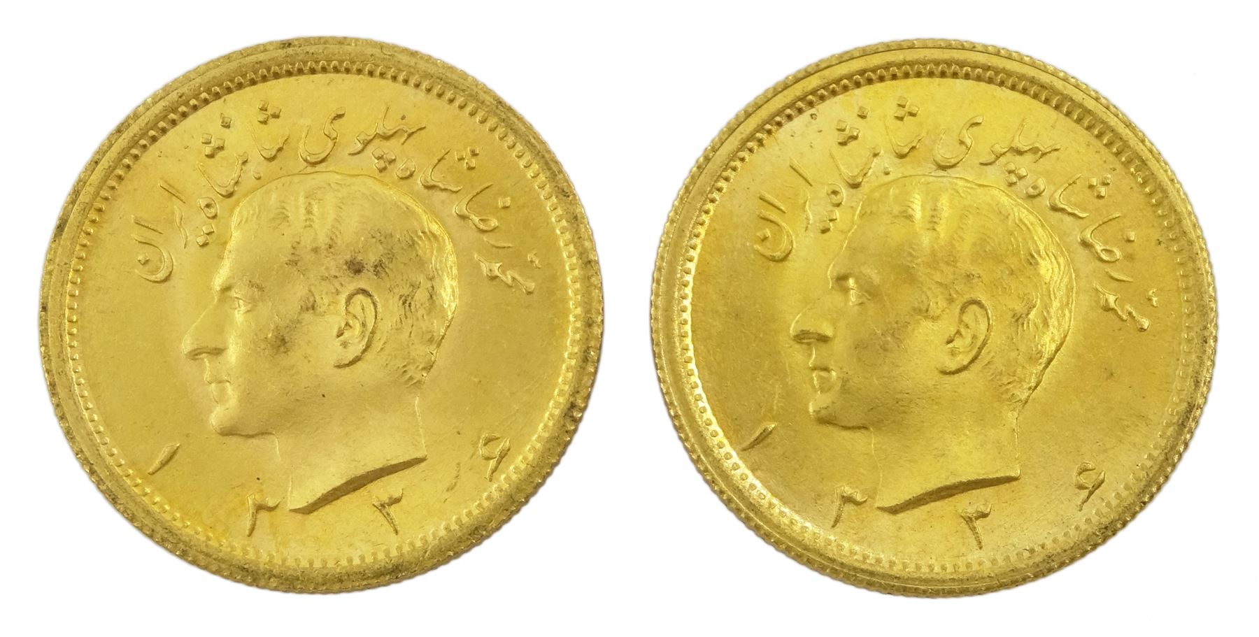 Two Persia (Iran) Mohammed Reza Shah 1 Pahlavi gold coins, 1945-1979               