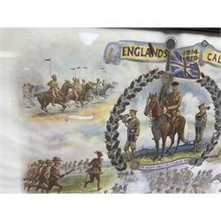WW1 photogravure print depicting the VC action of Boy (1st Class) John Travers Cornwell mortally wounded in the Battle of Jutland May 31st 1916 34 x 41cm, walnut frame; and WW1 colour print entitled 'England's 1914-1919 Call' in simulated rosewood frame (2)