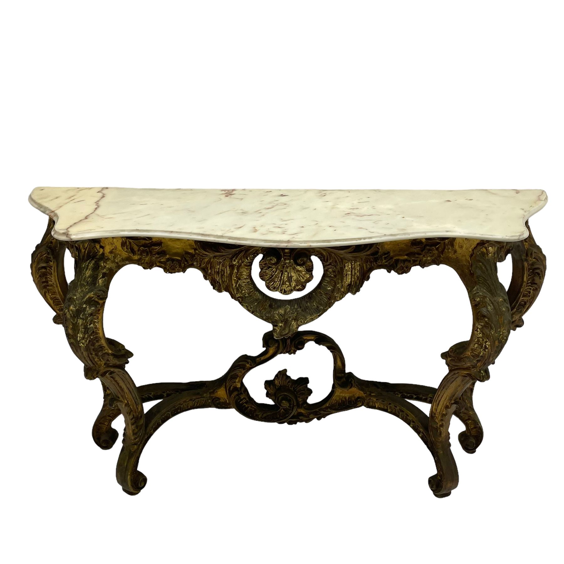 French Rococo design console or pier table, shaped and moulded pale marble top, the apron carved with pierced shell and scrolling acanthus leaves, extending flower head decoration, on four acanthus carved cabriole supports with scrolled terminals, united by shell moulded stretcher rails with central scrolled foliage cartouche 