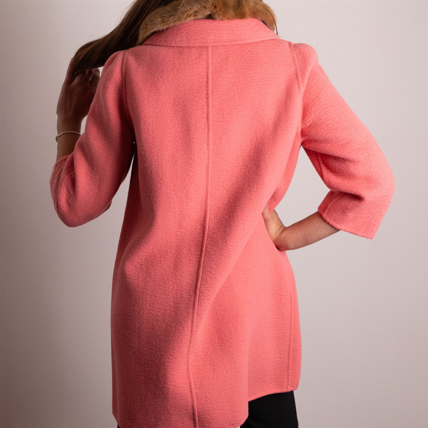 Prada - wool single-breasted camel coat with bright pink outer, with detachable mink fur collar, three-quarter length sleeves, cloth-covered and gold-tone hardware button front fastening, with side slip pockets, size 44, unused