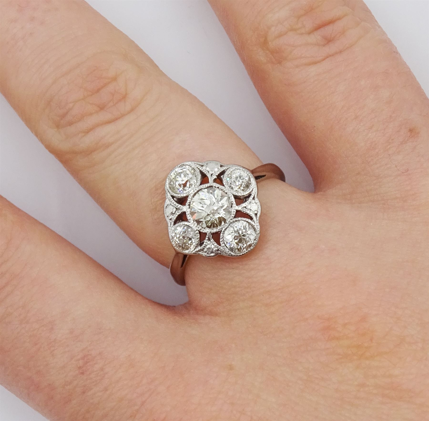 Art Deco 18ct gold and platinum five stone milgrain set old cut diamond openwork ring, stamped 18ct Pt, principal diamond approx 0.40 carat, total diamond weight approx 1.00 carat