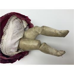 Victorian wax shoulder head doll with applied hair, inset blue glass eyes and kid leather body with jointed limbs; red dress and white linen underwear H42cm
