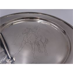 Pair of modern limited edition silver salvers, both celebrating the achievements of British trained racehorse Brigadier Gerard, each of circular form with gadrooned rim and engraving to centre depicting jockey Joe Upton upon Brigadier Gerard, designed by Doris Lindner, limited edition no. 542 & 543/2000, hallmarked William Comyns & Sons Ltd, London 1972, D23cm