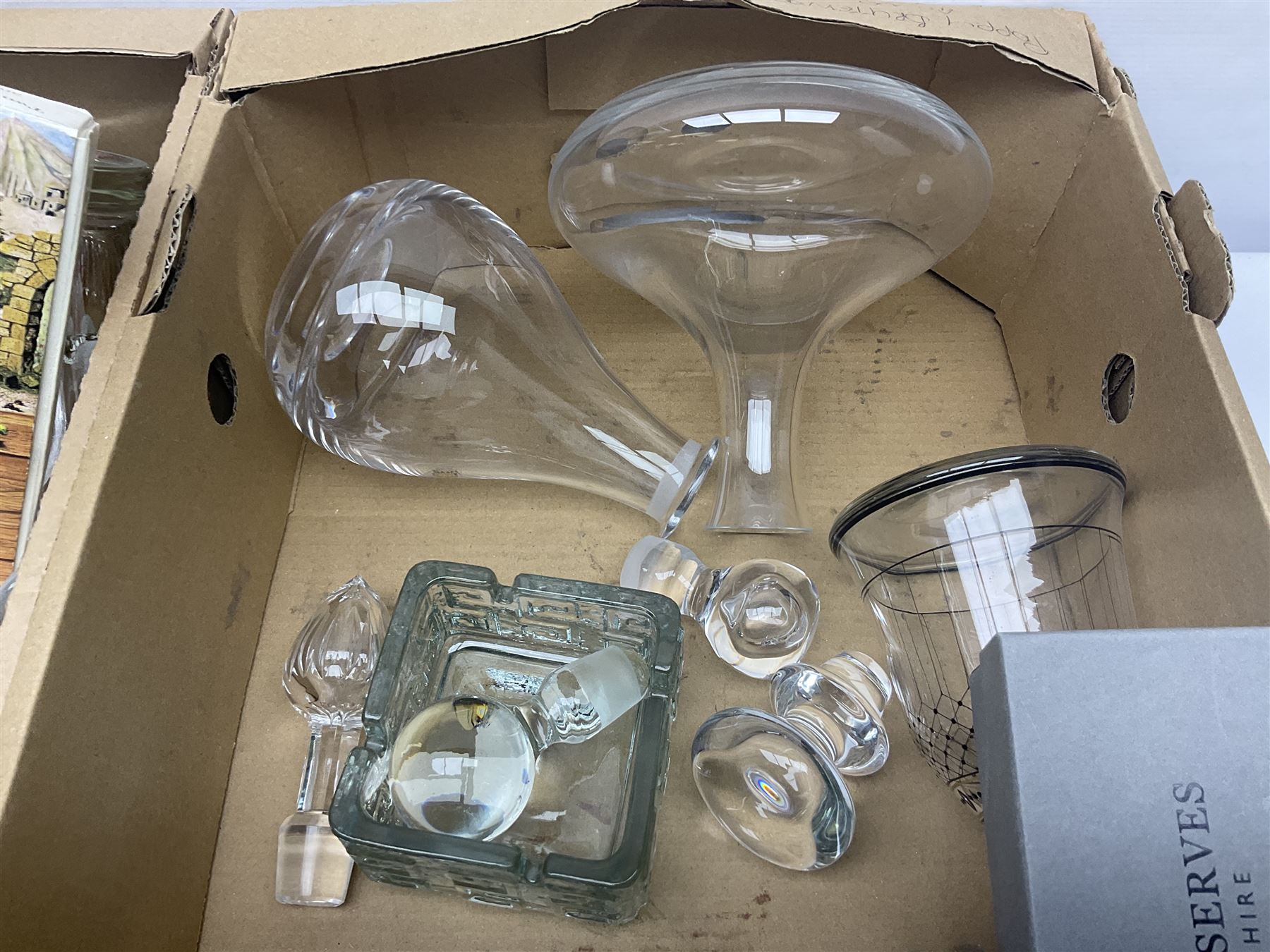 Dartington Crystal glass flower bowl, together with four similar smaller examples, two Orrefors glass bowls, collection of glass decanters, including Dartington and painted example, etc