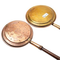 Two Victorian brass and copper warming pans, brass preserve pan, oak bellows and other items