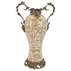 Wong Lee twin handled floor standing vase, of baluster form with polychromatic enamel flor...