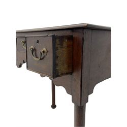 18th century oak low-boy, ovolo-moulded rectangular top over three cock-beaded drawers, circular brass handle plates and D-shaped handles, shaped and stepped arched apron, on cabriole supports 